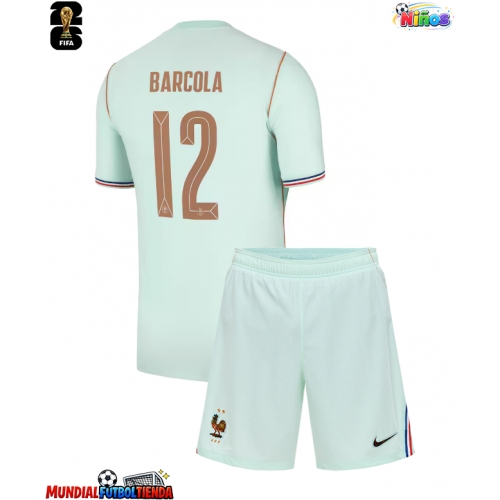 Camiseta Francia Bradley Barcola #12 Segunda Equipación Replica Mundial 2026 para niños mangas cortas (+ Pantalones cortos)